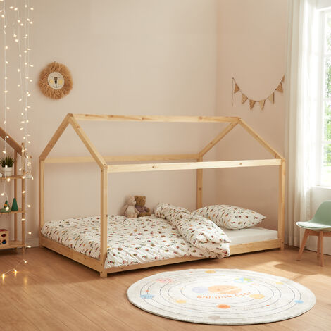 [En.Casa] – Lit cabane pour enfant 140 x 200 cm – Structure en pin contreplaqué – Capacité 140 kg – Montage facile sans outils – Design maison naturel