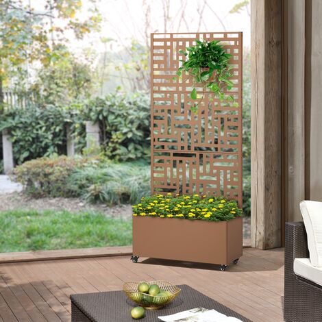 Casa.Pro – Jardinière brise-vue en acier galvanisé 190 x 82 x 38 cm – Couleur marron – Avec bac à fleurs intégré et roulettes