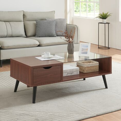 [En.Casa] – Table basse fixe 110 x 50 x 40 cm – Plateau en verre avec tiroir et étagère – Effet noyer – Design élégant pour salon