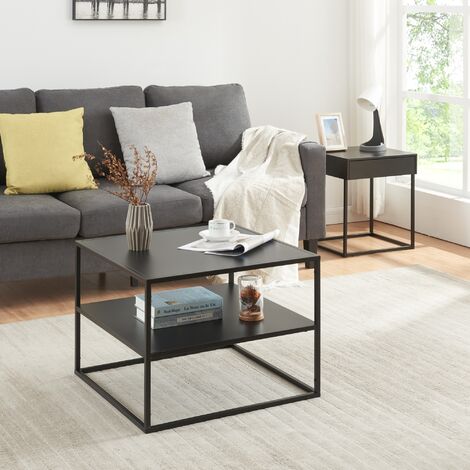 Table basse Solund avec plateau carré et étagère acier 60 x 60 x 45 cm noir mat [en.casa] (1/5)