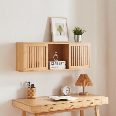 [En.Casa] – Étagère murale en bambou naturel 93 x 20 x 33 cm – 2 portes coulissantes – Montage mural rapide – Pour salon, cuisine ou salle de bain (1/5)