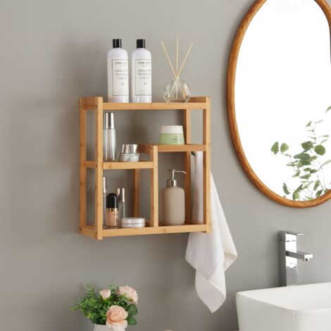 [En.Casa] – Étagère murale en bambou naturel 42 x 37 x 17 cm – 5 surfaces de rangement – Crochet pour serviettes – Montage mural rapide (1/5)