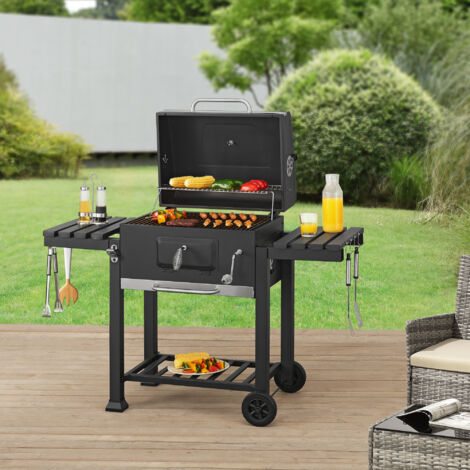 Chariot de barbecue au charbon de bois 105 x 135 x 48 cm – Grille en acier inoxydable émaillé – Réservoir de charbon réglable – Thermomètre intégré – Casa.Pro (1/5)