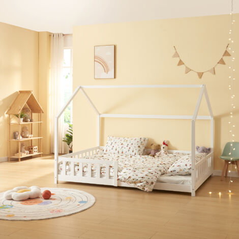 [En.Casa] – Lit cabane en bois de pin 120 x 200 cm – Barrière protectrice – Toit en forme de maison – Montage facile – Capacité 120 kg