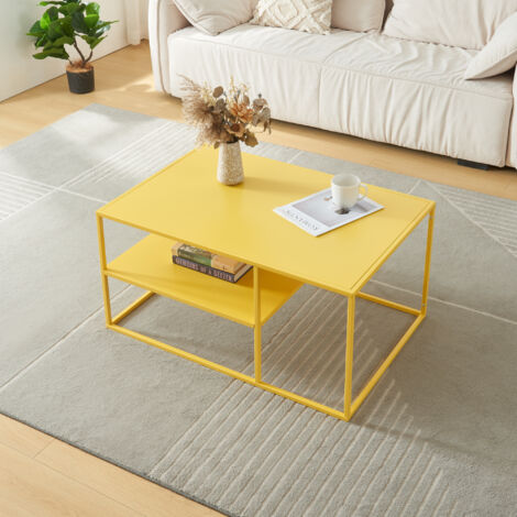 [En.Casa] – Table basse rectangulaire jaune 45 x 90 x 60 cm – Acier – Étagère inférieure pour rangement – Montage simple et rapide (1/5)