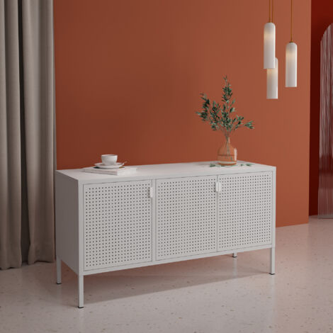 [En.Casa] – Meuble TV en acier blanc 114 x 40 x 60 cm – 3 portes décoratives – Surface anti-rayure – Rangement pratique pour salon (1/5)