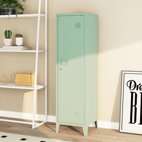 [En.Casa] – Armoire à casier métallique verrouillable 137 x 38 x 38 cm – Acier vert pastel – 2 étagères – Porte à fermeture magnétique – Aérations intégrées (1/4)