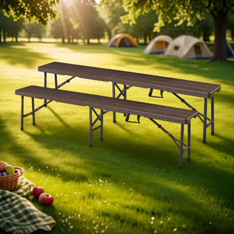 Lot de 2 bancs de camping pliables Lillestrøm 180 x 25 x 43 cm effet bois marron foncé [en.casa] (1/7)