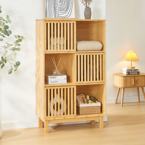 [En.Casa] – Bibliothèque en bambou 126 x 76 x 33 cm naturel – 6 étagères – 3 portes coulissantes – Rangement élégant pour livres et décorations (1/5)