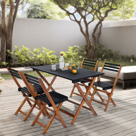 [En.Casa] – Ensemble table et chaises de jardin 5 pièces – Bois d'acacia naturel gris – 4 chaises pliables – Dimensions table 74x118x70cm (1/5)