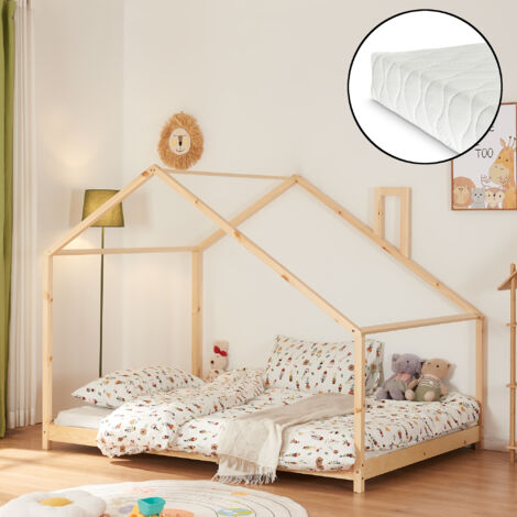 Lit cabane Siuntio avec matelas à mousse froid bois de pin 140 x 200 cm naturel [en.casa] (1/5)