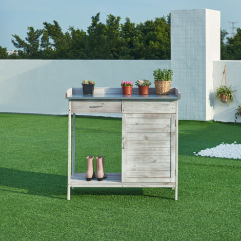 Table De Rempotage Avec Rangement - 98x48x94 Cm En Sapin Et Acier | Établi De Jardinage Avec Tiroir Et étagères