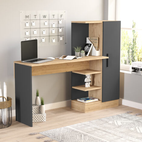 [En.Casa] – Bureau droit avec armoire intégrée 120 x 153 x 40 cm – Effet chêne anthracite – 4 compartiments de rangement – Montage rapide (1/5)
