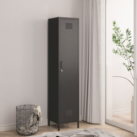 [En.Casa] – Armoire métallique 180 x 38 x 38 cm – Acier noir mat – 2 étagères réglables – Porte avec fentes d'aération – Barre de penderie intégrée (1/5)