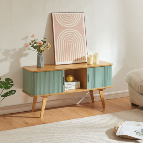 [En.Casa] – Meuble TV bambou 120 x 40 x 58 cm – naturel et bleu – 2 portes coulissantes – passe-câble discret – design moderne (1/5)