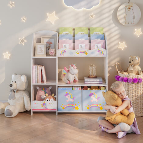 Cube Rangement Étagère Enfant En.casa Avec 9 Boîtes De Rangement - Motif Océan 80x90x30cm - Bibliothèque Et Armoire Fuchsia/Violet/Rose Rangement Autonome Kid