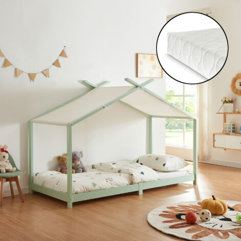 Lit enfant Brome forme maison avec matelas 90 x 200 cm vert menthe blanc [en.casa] (1/5)