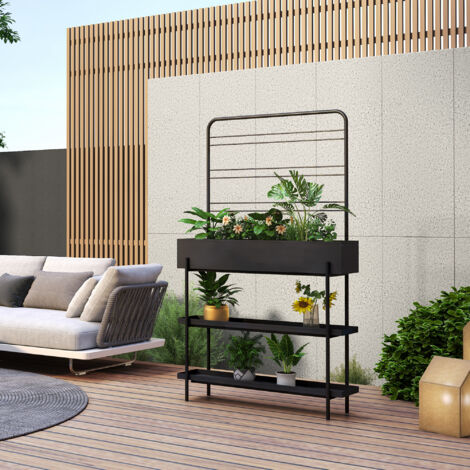 Porte-plantes surélevé avec étagère 154 x 96 x 24 cm – Métal noir – 2 étagères pour pots et outils – Bac spacieux pour jardinage confortable – Casa.Pro (1/5)