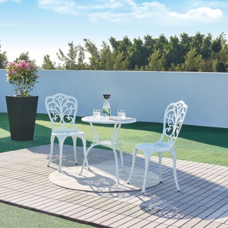 Casa.pro Set De Bistrot 3 Pièces Avec Table Ronde Et 2 Chaises Ensemble De Meuble De Jardin Balcon Patio Terrasse Trou De Parasol Capacité 120 Kg En Fonte D'Aluminium Blanc