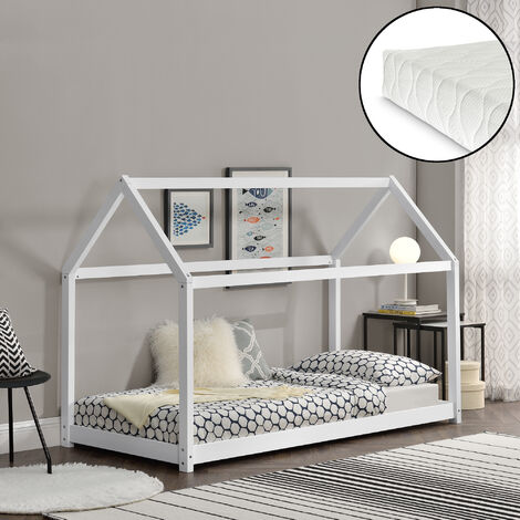 Lit d'enfant Knätten lit de maison en pin avec matelas 80x160 cm bois