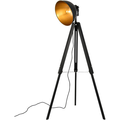 Lampe Sur Pied Lampadaire Trepied Avec Abat Jour Design Industriel Metal Noir Et Or 135 Cm