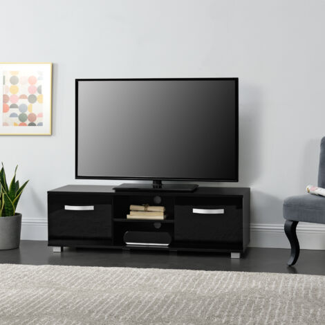 Meuble TV Scandinave Avec 2 Étagères Latérales & 2 Portes – 233 Cm Noir Effet Bois, Rangement Optimisé - 3