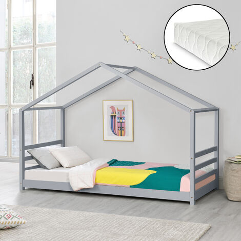 Lit Cabane Vardø avec Grille et Matelas à Mousse à Froid 90 x 200 cm Gris [en.casa] (1/5)