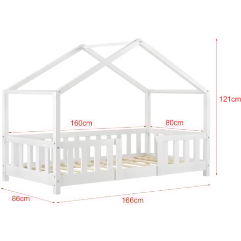 Lit d'Enfant Forme Maison avec Grille de Protection Treviolo 160 x 80 cm Blanc Mat Laqué [en.casa]