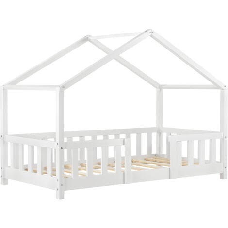 Lit d'Enfant Forme Maison avec Grille de Protection Treviolo 160 x 80 cm Blanc Mat Laqué [en.casa]