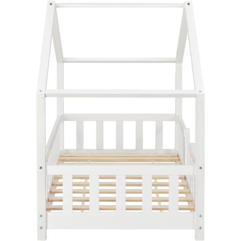 Lit d'Enfant Forme Maison avec Grille de Protection Treviolo 160 x 80 cm Blanc Mat Laqué [en.casa]