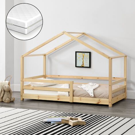 Lit Cabane Knätten avec Grille de Protection et Matelas Orthopédique 160 x 80 cm Naturel [en.casa] (1/5)