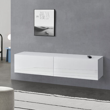 [En.Casa] – Étagère murale 140 x 33 x 30 cm – Panneau de particules mélaminé blanc brillant – Fixation murale pour nettoyage facile – Compartiments pour accessoires multimédia (1/7)