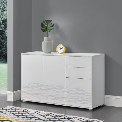 [En.Casa] – Commode blanche brillante 74 x 117 x 36 cm – 2 tiroirs – Système d’ouverture par pression – Panneau de particules résistant (1/5)