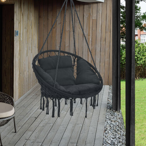 Siège Rond avec Coussin Hamac Kailua avec 4 Cordes d'attache Noir [casa.pro] (1/5)