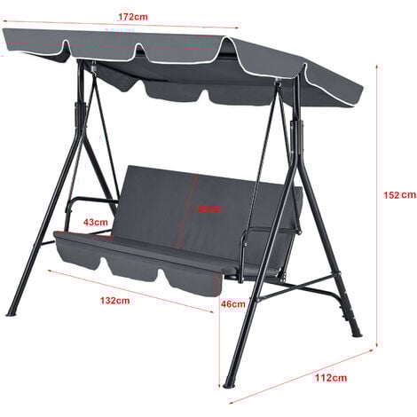 Balancelle de Jardin 3 Places Charge Max. 270 kg 172x112x152cm Gris Foncé [en.casa]