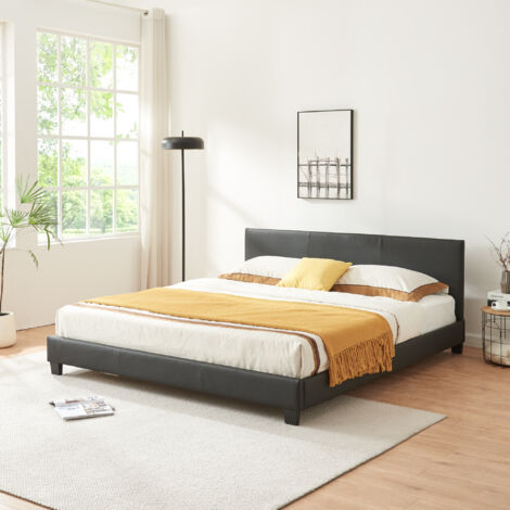 Lit Double Rembourré Albacete Sommier à Lattes Similicuir 160 x 200 cm Noir Corium (1/5)