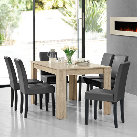 Table à manger chêne brilliant 140 x 90 cm avec 6 chaises gris foncé [en.casa] (1/5)