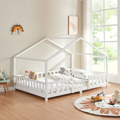 [En.Casa] – Lit d'enfant en forme de maison 140 x 200 cm – Bois de pin blanc – Style Montessori – Barrière anti-chute – Sommier à lattes (1/10)