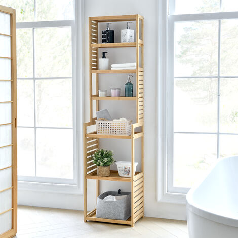 [En.Casa] – Étagère à 7 niveaux en bambou pour salle de bain – Dimensions 165 x 42 x 28 cm – 3 niveaux larges et 4 étroits – Rangement optimisé