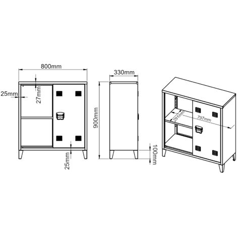 En.casa Caisson Bureau 3 Tiroirs Métallique Gris - Meuble Rangement Serrure & Porte-étiquettes 103x45x62 Cm