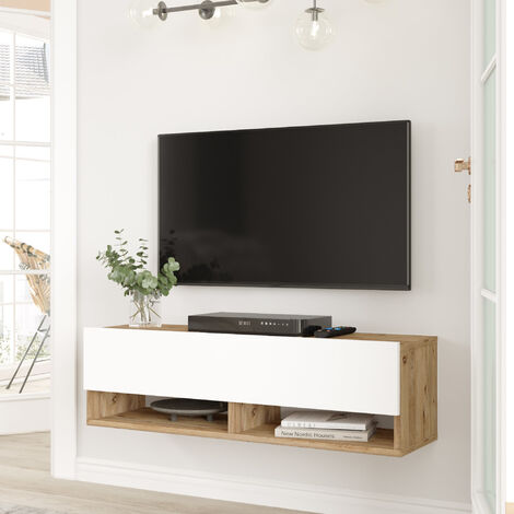 [En.Casa] – Meuble TV à porte 100 x 31,5 cm – Effet chêne rustique / blanc – 2 espaces de rangement – Montage simple et rapide (1/5)