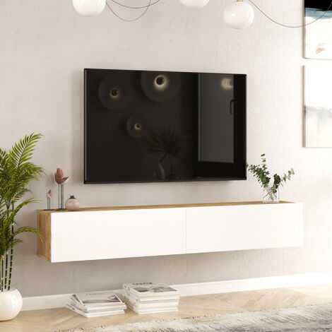 [En.Casa] – Meuble TV Lapinlahti 180 cm – Effet chêne rustique et blanc – 2 compartiments de rangement – Montage mural facile (1/5)