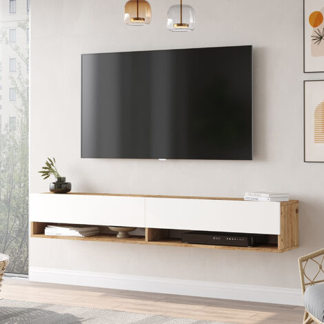 Meuble TV Laitila à 2 portes 29,5 x 180 x 31,5 cm effet chêne rustique / blanc [en.casa] (1/4)