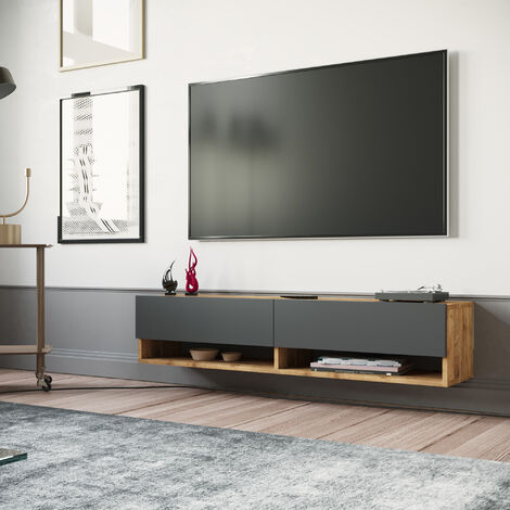 Meuble TV Laitila à 2 portes 29,5 x 140 x 31,5 cm effet chêne rustique / anthracite [en.casa] (1/5)
