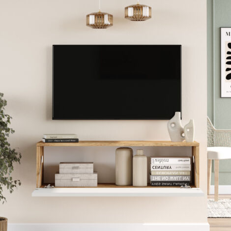 Armadio A Muro TV 100x31.5x29.5 Cm | Rovere Rustico | Anta A Ribalta | Mobile Pensile Per Soggiorno