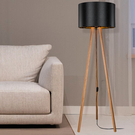 Lampadaire trépied 136 cm E27 – Abat-jour en textile noir et bambou – Idéal pour salon et bureau – Alimentation 230V – Lux.Pro