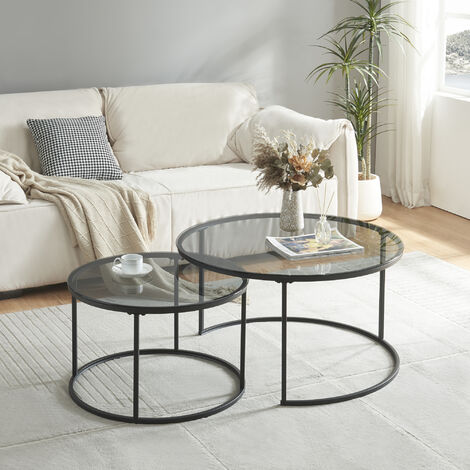 [En.Casa] – Lot de 2 tables basses gigognes en verre trempé – Plateaux ronds transparents – Montage simple pour salons et chambres