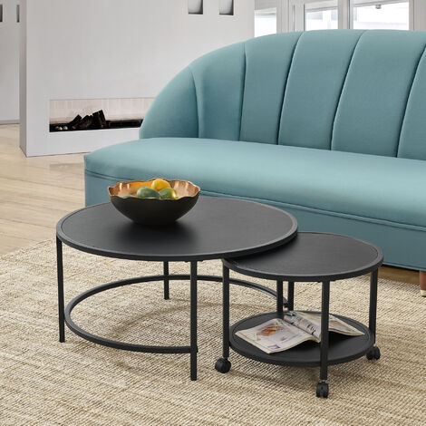[En.Casa] – Lot de 2 tables basses gigognes rondes à roulettes – Espace de rangement – Panneau mélaminé noir mat – Dimensions : 37x50cm et 40x80cm (1/5)
