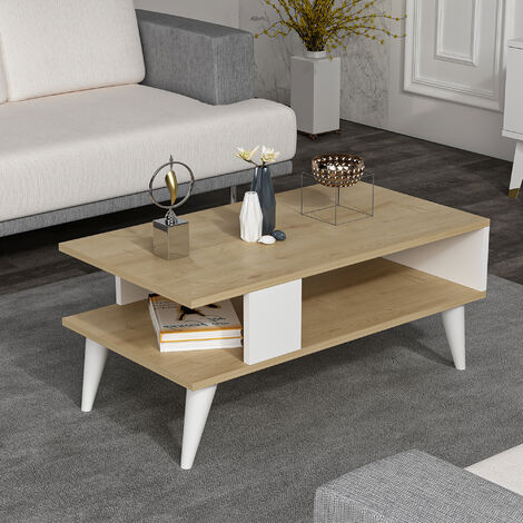 Table basse Lycksele avec espace de rangement 40 x 90 x 45 cm effet chêne / blanc [en.casa] (1/4)