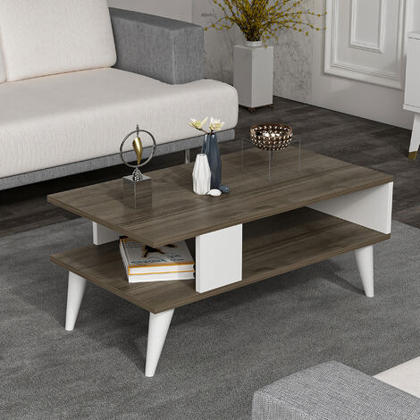 Table basse Lycksele avec espace de rangement 40 x 90 x 45 cm effet noyer/ blanc [en.casa] (1/4)